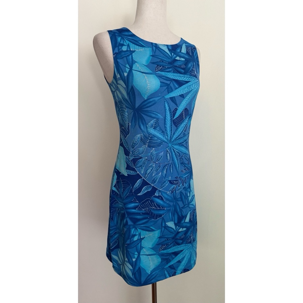 Vintage 90s Y2K Tropical Print Mini Dress Bodycon Blue Sleeveless Size Small